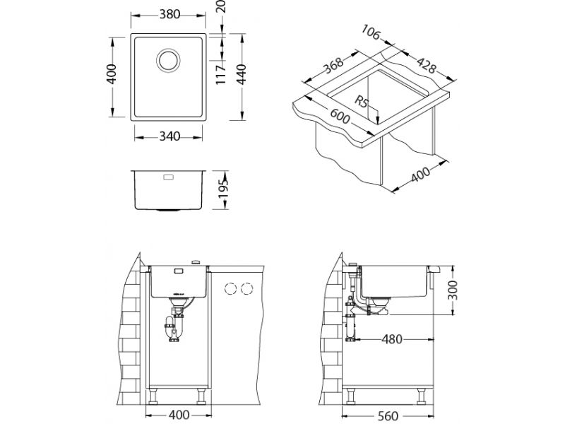 Мойка KOMBINO 20 90 FI 380X440 F/S в комплекте с сифоном 1130550 KMB