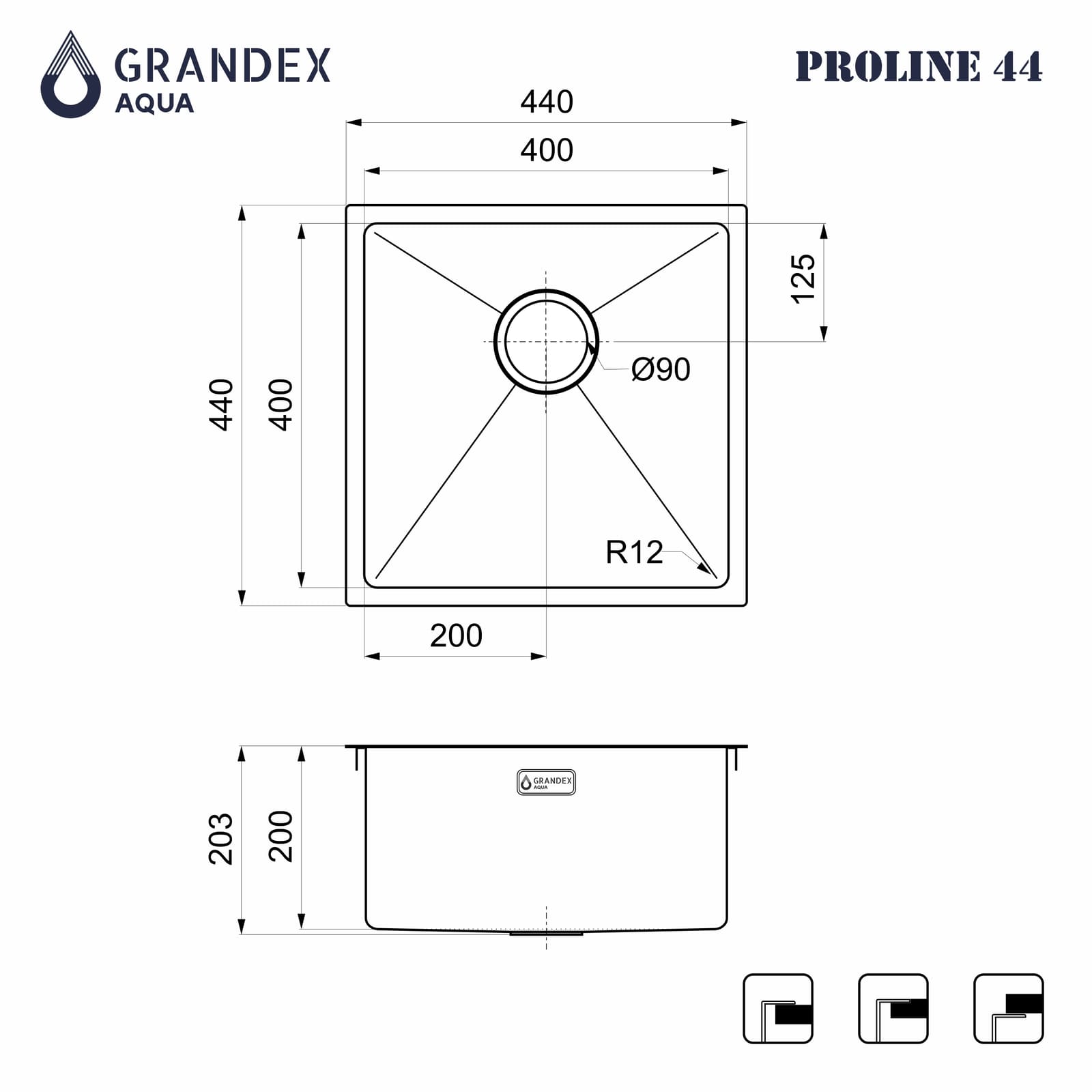 Мойка Grandex Aqua PROLINE 44, 440х440х200, сифон в комплекте (3034133) ANTHRACITE