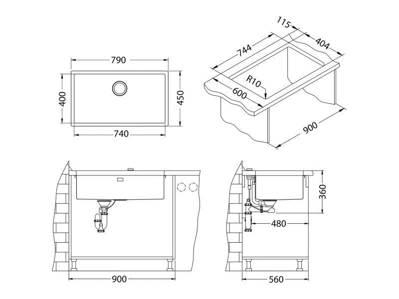 Мойка QUADRIX 60 MONARCH 740x400x200 в компл. с выпуском без сифона (1117478) ANTHRACITE