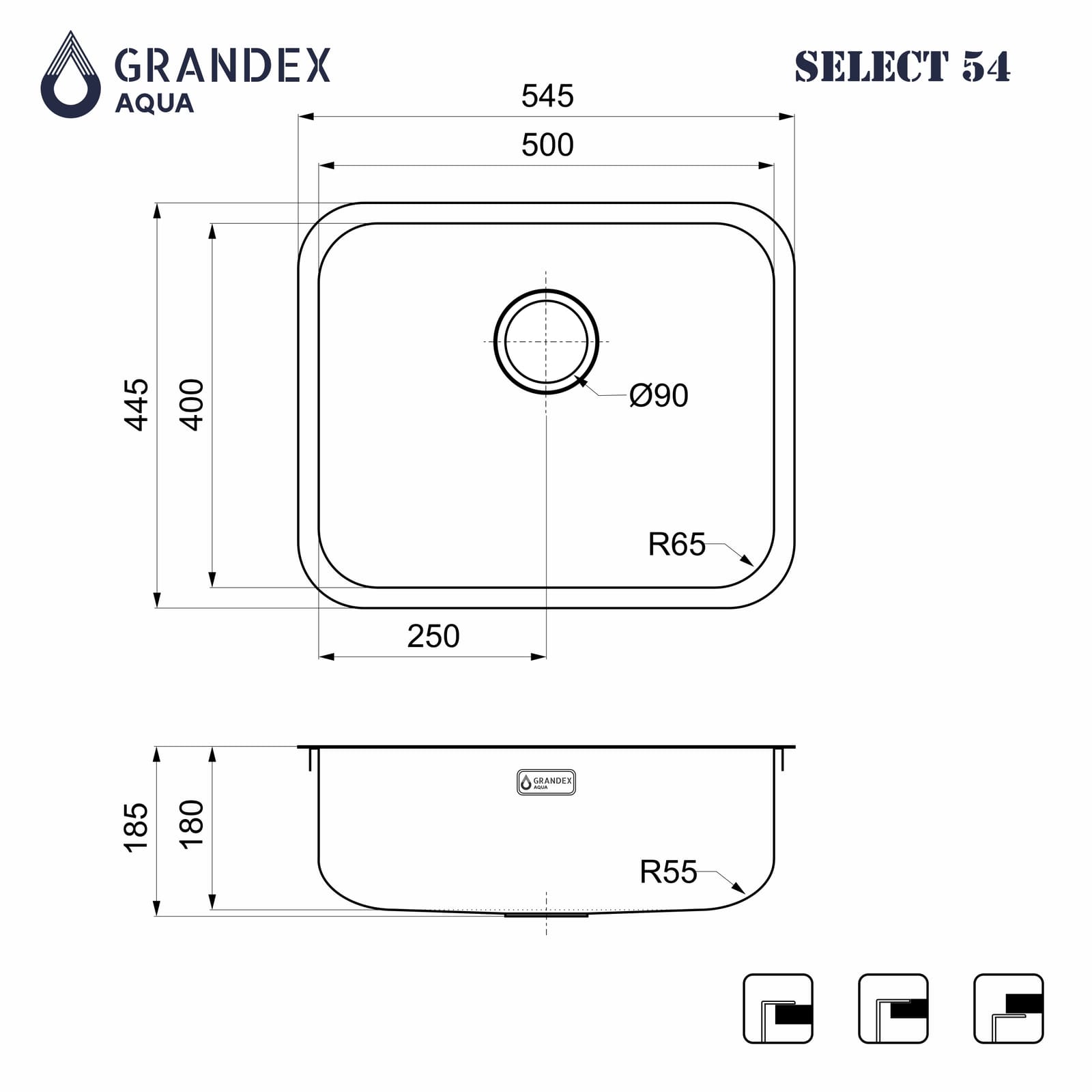 Мойка Grandex Aqua SELECT 54, 545х445х200, сифон в комплекте (200336) SAT