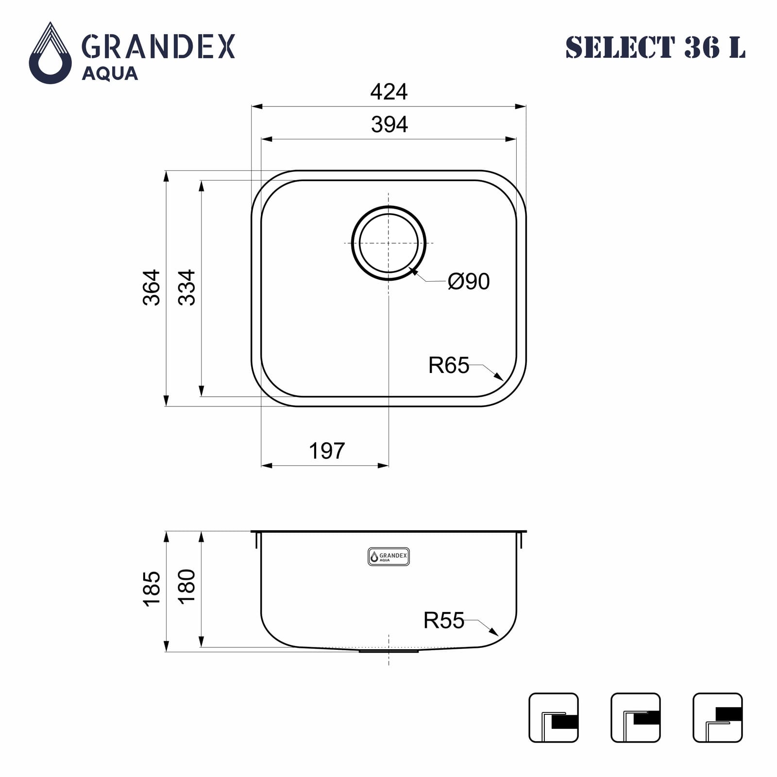 Мойка Grandex Aqua SELECT 36 L, 424х364х200 (слив вдоль длинной стороны), сифон в комплекте (200332) SAT