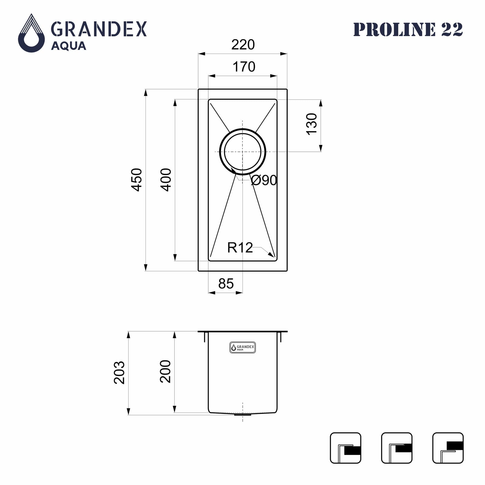 Мойка Grandex Aqua PROLINE 22, 220х450х200, сифон в комплекте (300209) SAT