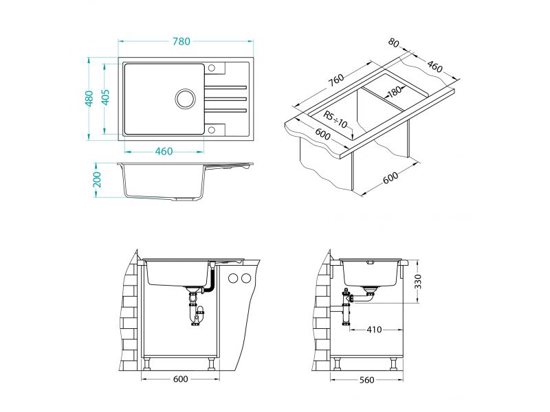 Мойка INTERMEZZO 130 GRANITAL CARBON - G91 780X480X200 1X в компл.с сифоном 111729 G91 CARBON