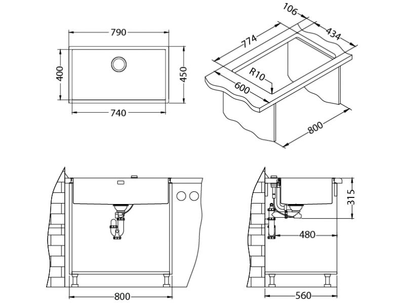 Мойка QUADRIX 60 MONARCH 740x400x200 в компл. с выпуском без сифона (1117478) ANTHRACITE