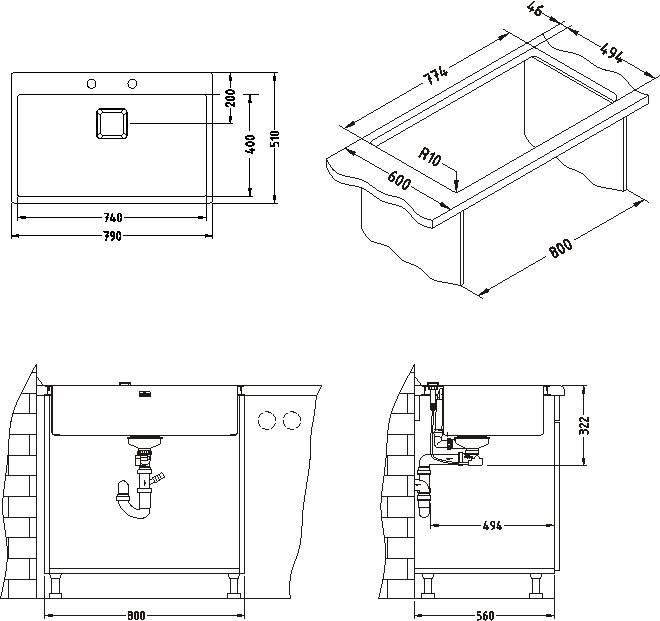 Мойка STYLUX 40 -90 790X510 в компл.с сифоном 1133398 (1084292) BRS