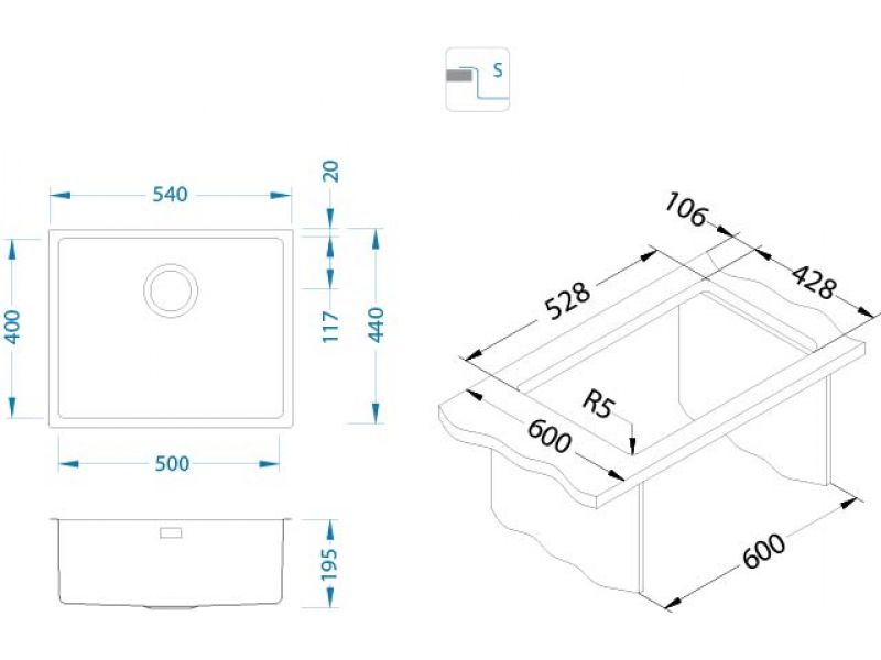 Мойка KOMBINO 50 MONARCH ANTRACITE SAT-90 542X442X195 F/S в компл. с выпуском без сифона GOLD