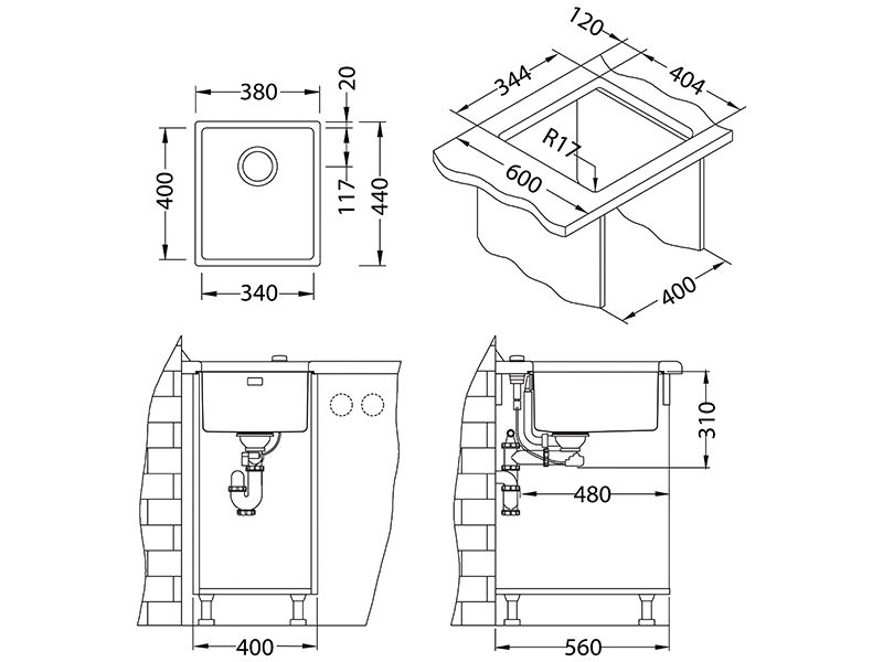 Мойка KOMBINO 20 -90 340X400X195 в комплекте с сифоном 1130550 (1100234) SAT