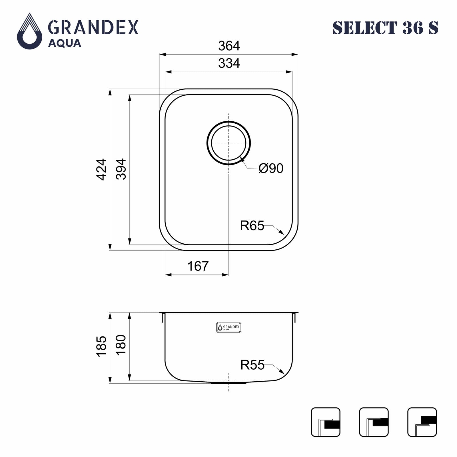 Мойка Grandex Aqua SELECT 36 S, 364х424х200 (слив вдоль короткой стороны), сифон в комплекте (200330 SAT