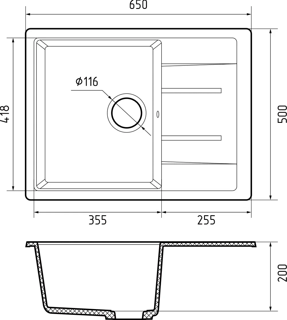 GranFest QUADRO GF-Q-650 L, мойка, мрамор, песочный
