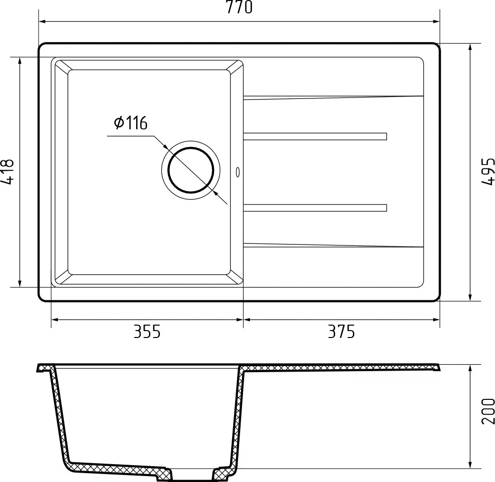 GranFest QUADRO GF-Q-780 L, мойка, мрамор, кашемир