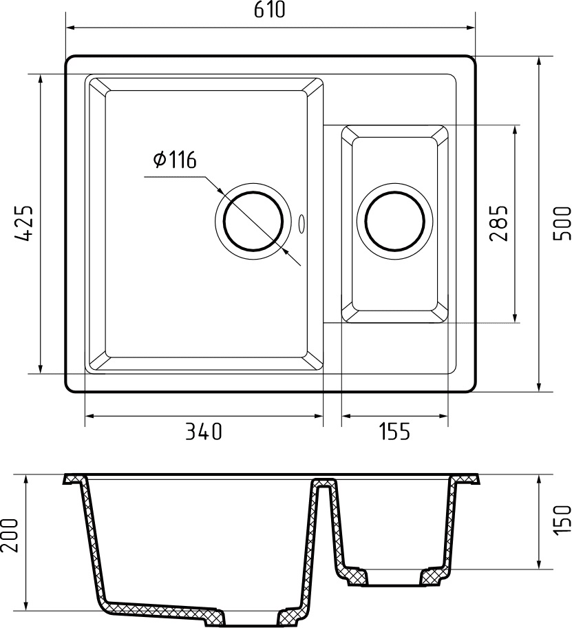 GranFest QUADRO GF-Q-610 K, мойка, мрамор, кашемир