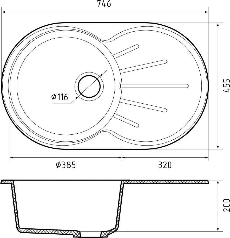 GranFest RONDO GF-R-750 L, мойка, мрамор, серый