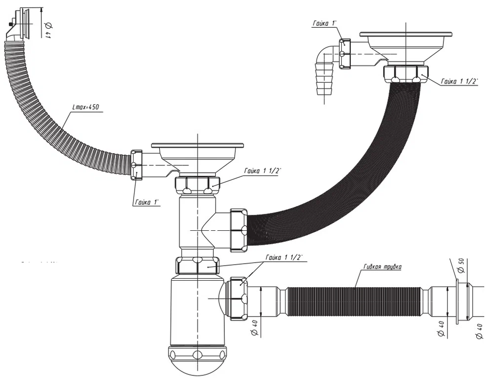 GranFest Сифон двойной Санпласт GRAND с круглым переливом + гофра