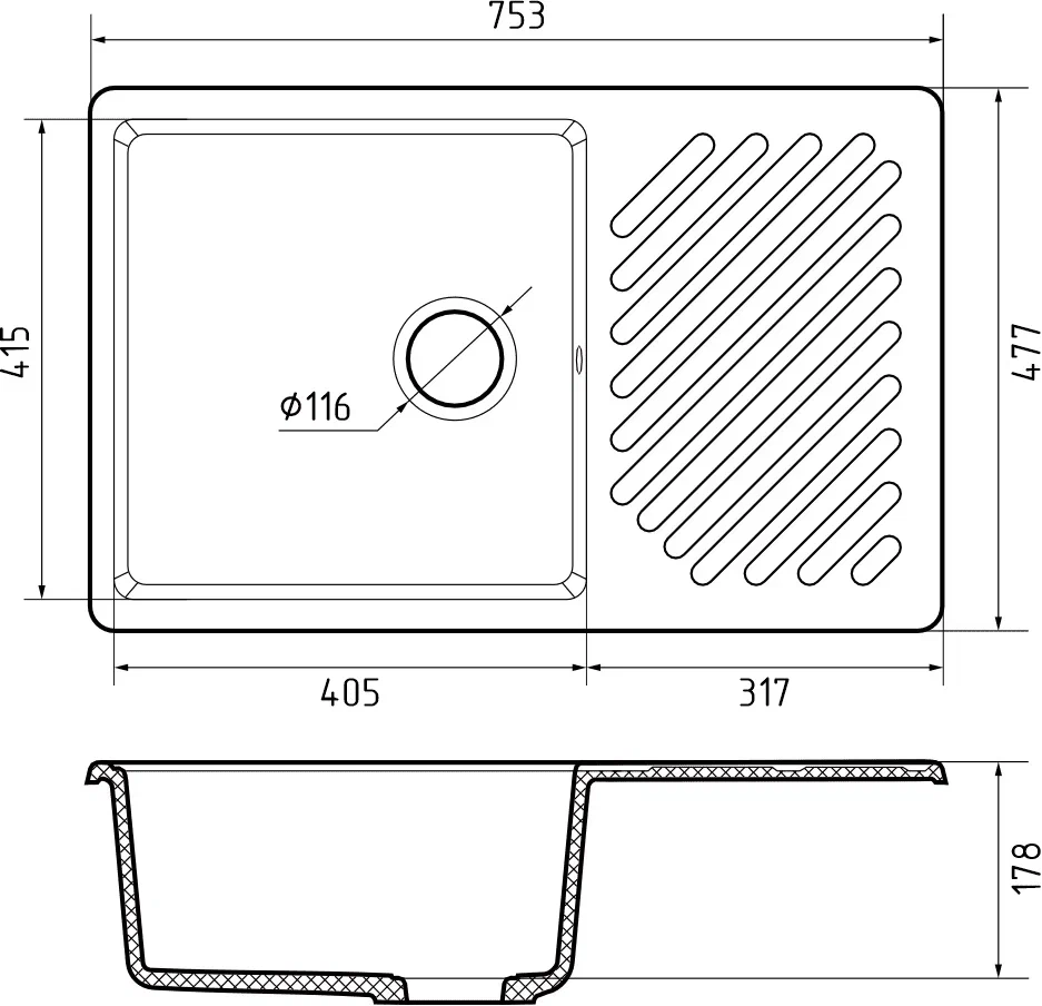 GranFest QUARZ GF-ZL-52, мойка, гранит, белый