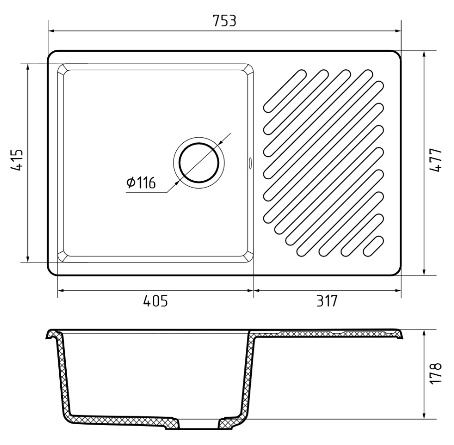 GranFest QUARZ GF-ZL-52, мойка, гранит, темно-серый
