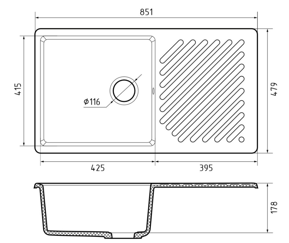 GranFest QUARZ GF-ZL-53, мойка, гранит, темно-серый