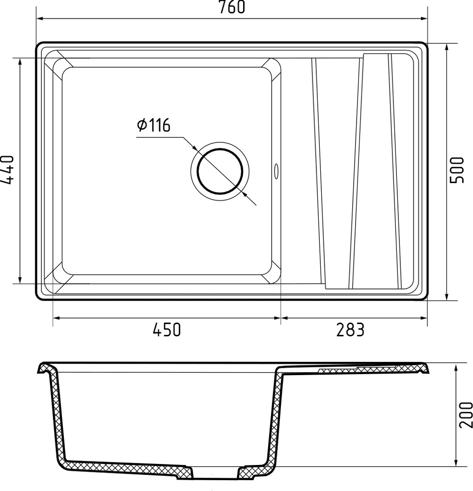 GranFest LEVEL GF-LV-760L, мойка, мрамор, кашемир