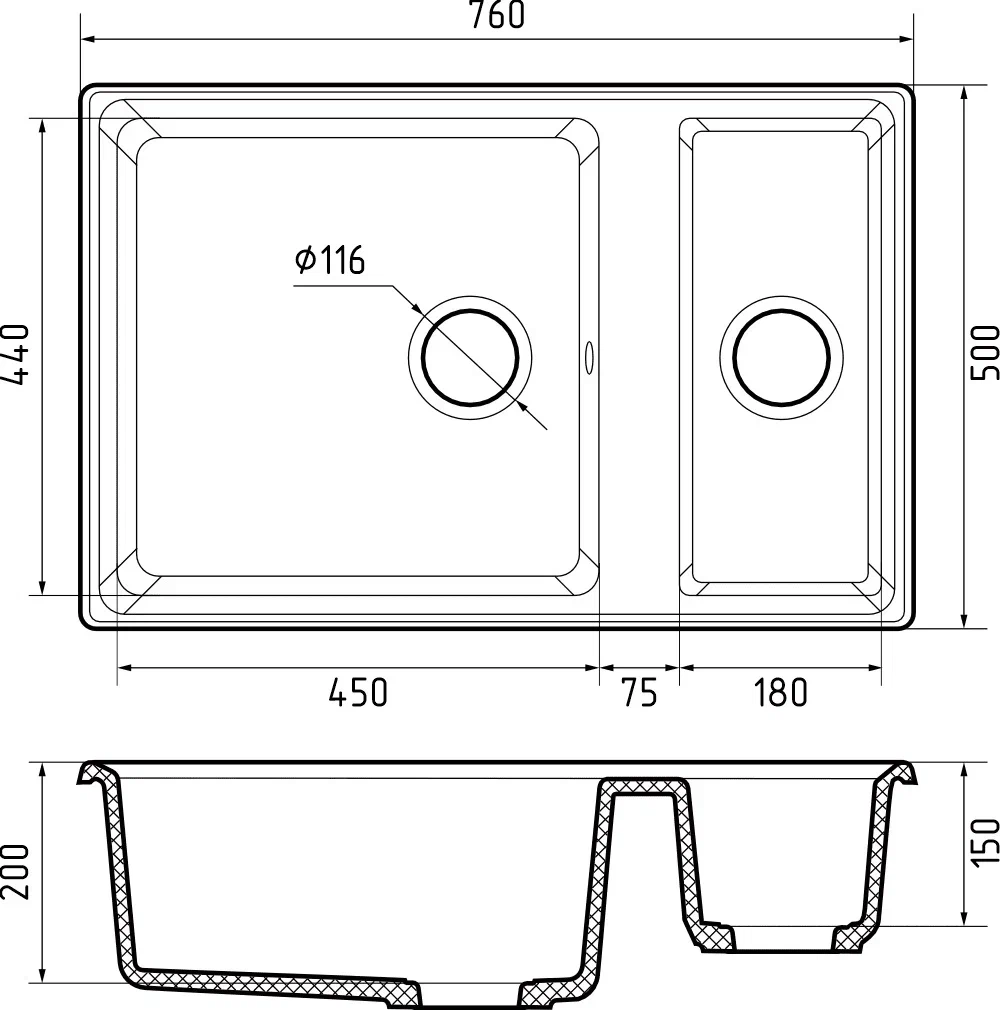 GranFest LEVEL GF-LV-760K, мойка, мрамор, иней