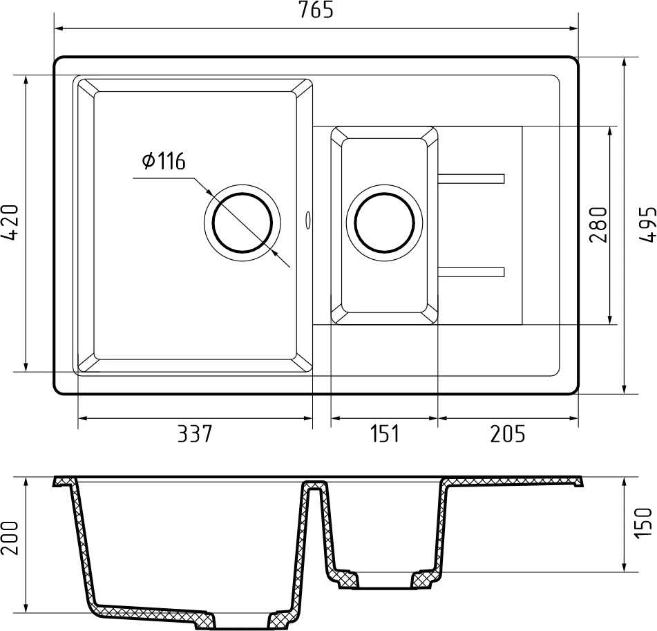 GranFest QUADRO GF-Q-775 KL, мойка, мрамор, кашемир