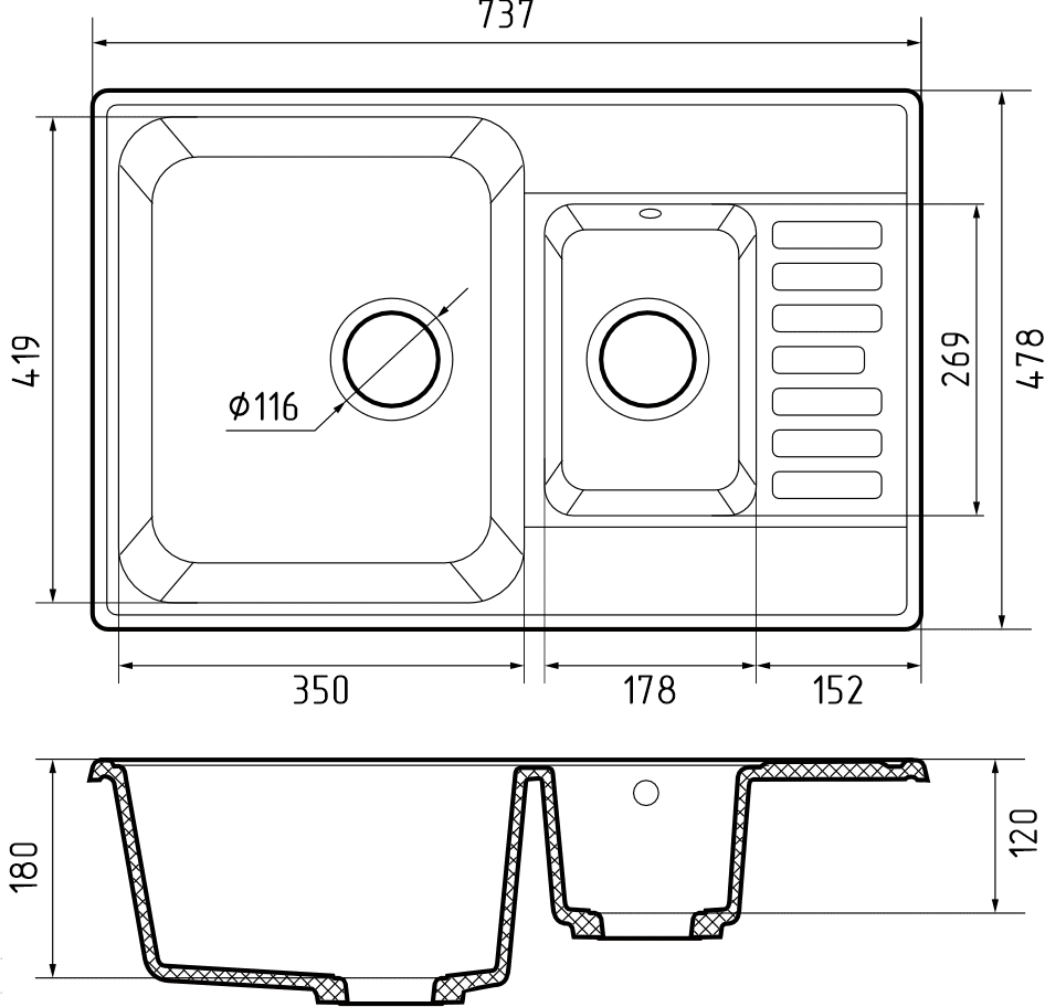 GranFest QUARZ GF-Z21K, мойка, гранит, темно-серый