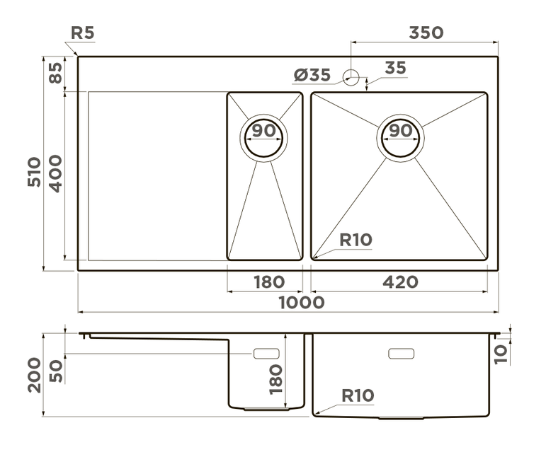 Omoikiri Akisame 100-2-LG-R, мойка, нержавеющая сталь/светлое золото, чаша справа