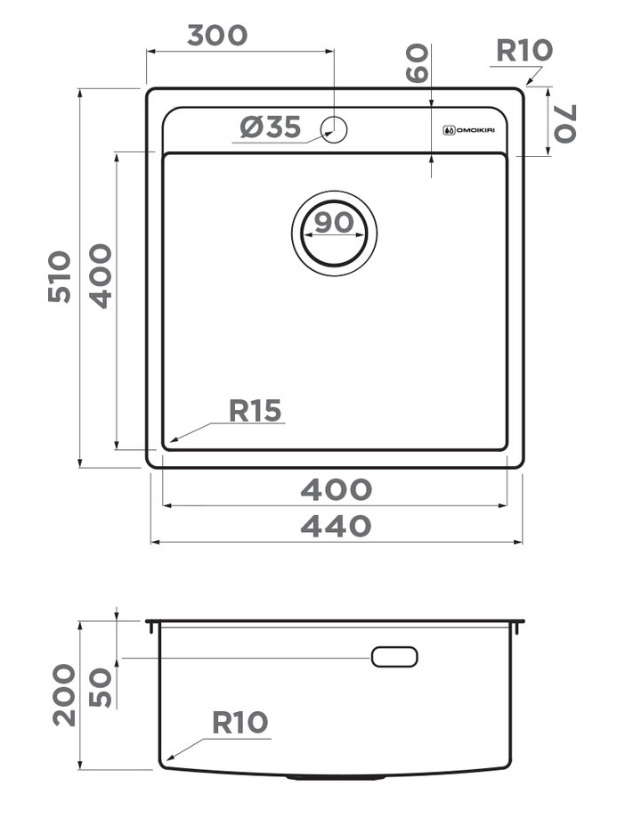 Omoikiri Daisen 44-IN, мойка, нержавеющая сталь