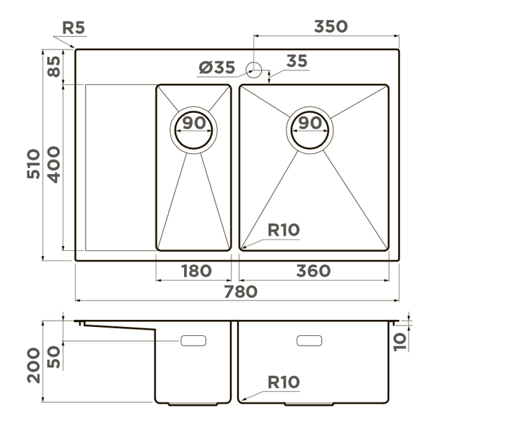 Omoikiri Akisame 78-2-GM-R, мойка, нержавеющая сталь/вороненая сталь, чаша справа