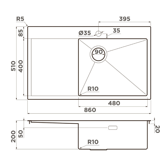 Omoikiri Akisame 86-GB-R Side , мойка, нержавеющая сталь/графит, чаша справа
