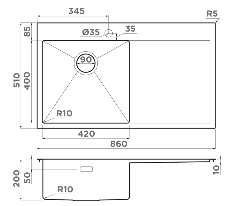 Omoikiri Akisame 86-IN-L, мойка, нержавеющая сталь, чаша слева