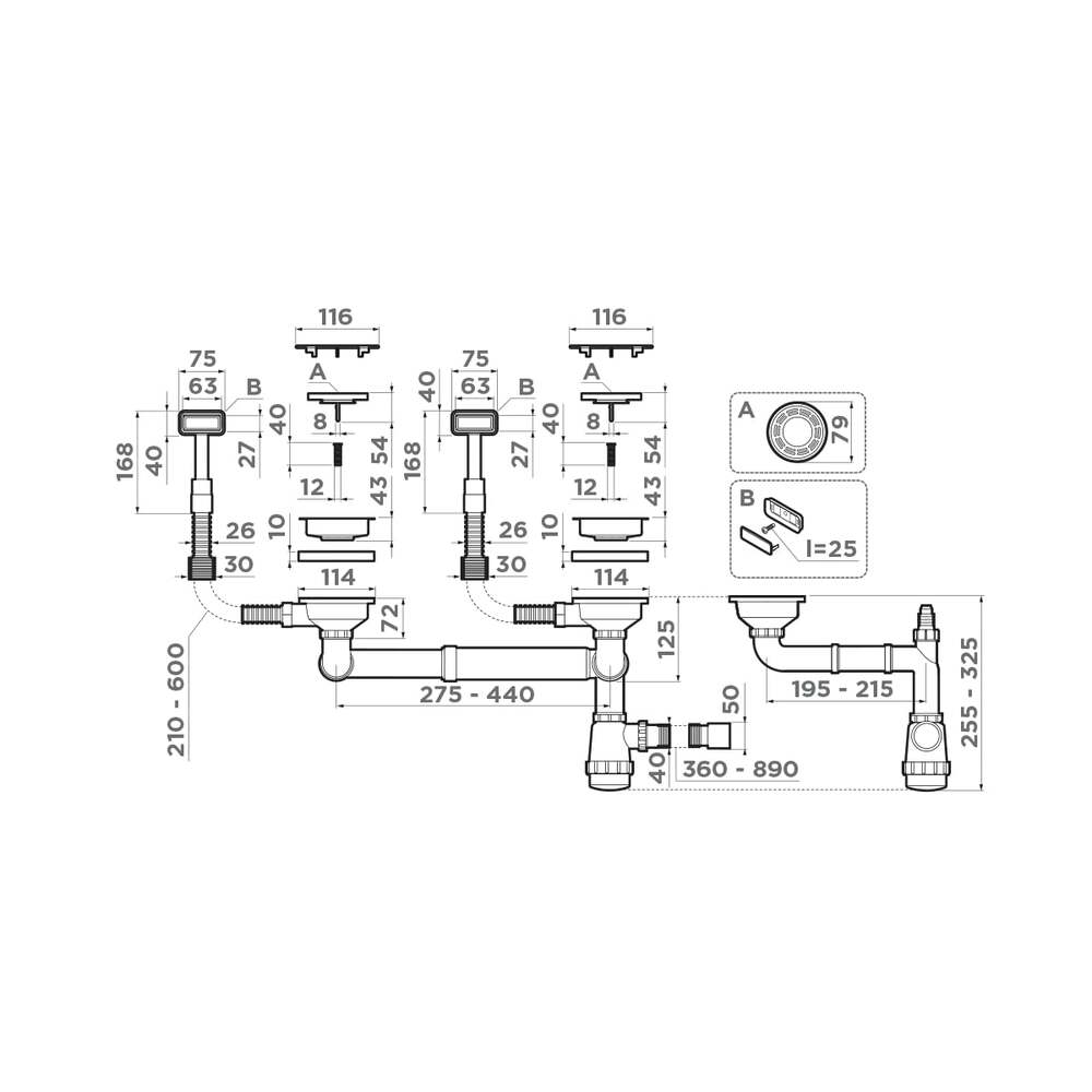 Omoikiri WK-2C-GM Арматура для двухчашевых моек с декоративными накладками, вороненая сталь