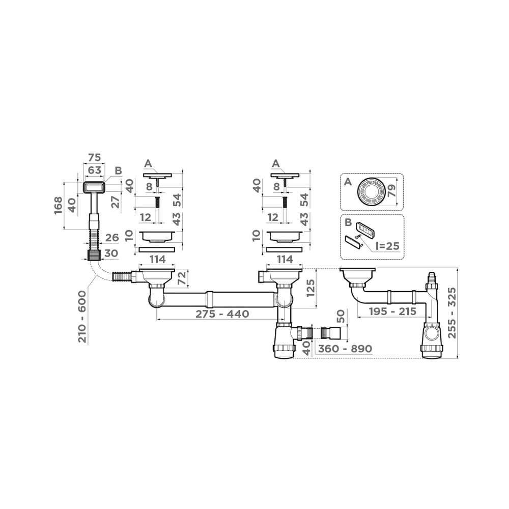 Omoikiri WK-1.5-IN Арматура для полуторачашевых моек с прямоугольными переливами, нерж. сталь