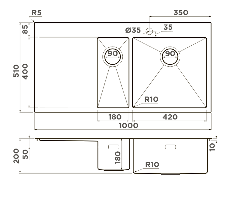 Omoikiri Akisame 100-2-IN-R, мойка, нержавеющая сталь, чаша справа