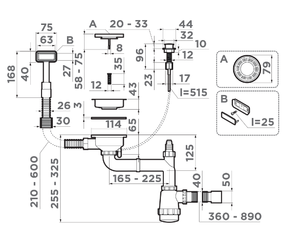 Omoikiri WK-1-A-GB Арматура для одночашевых моек с прямоугольным перелив, графит