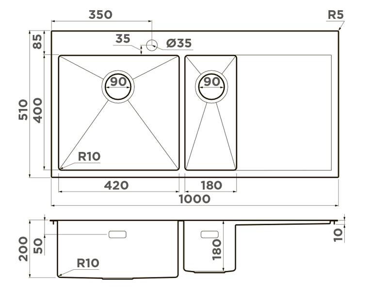Omoikiri Akisame 100-2-GM-L, мойка, нержавеющая сталь/вороненая сталь, чаша слева