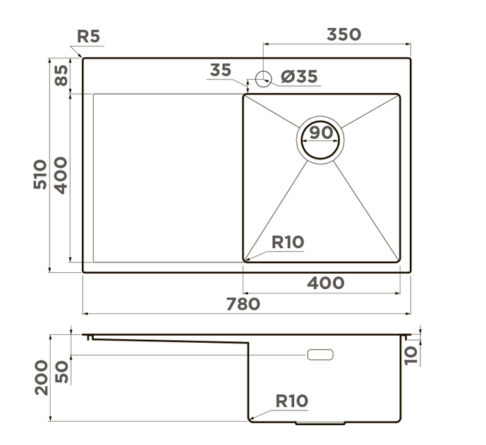 Omoikiri Akisame 78-LG-R, мойка, нержавеющая сталь/светлое золото, чаша справа