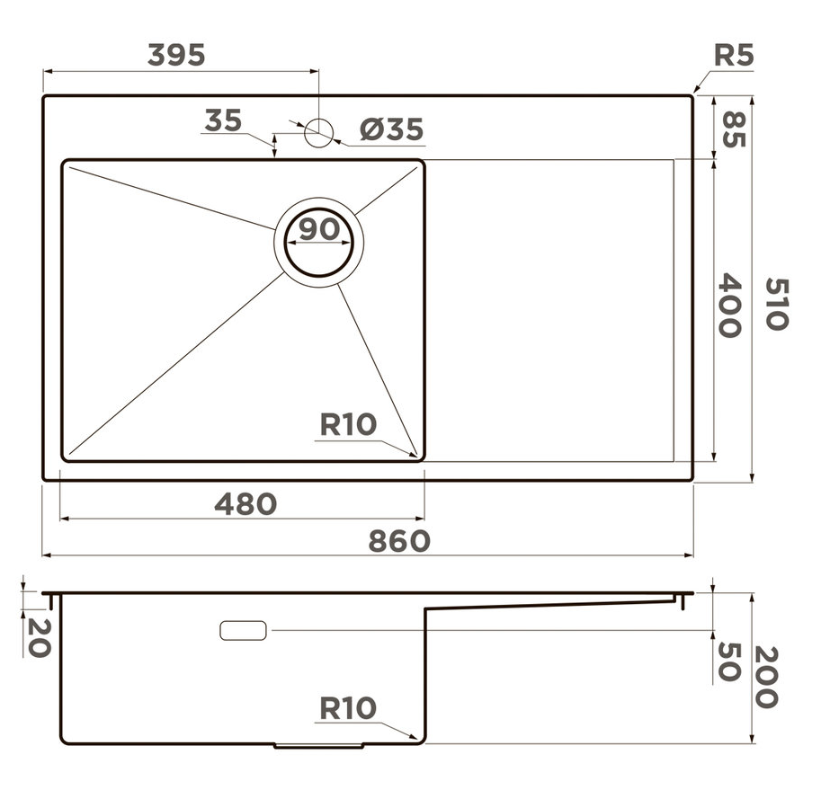 Omoikiri Akisame 86-IN-L Side , мойка, нержавеющая сталь, чаша слева