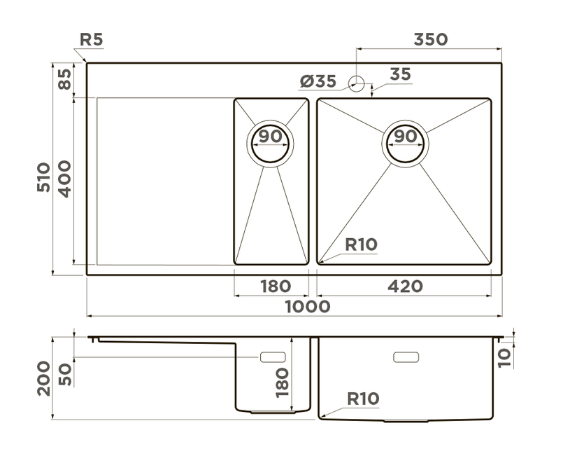 Omoikiri Akisame 100-2-GM-R, мойка, нержавеющая сталь/вороненая сталь, чаша справа