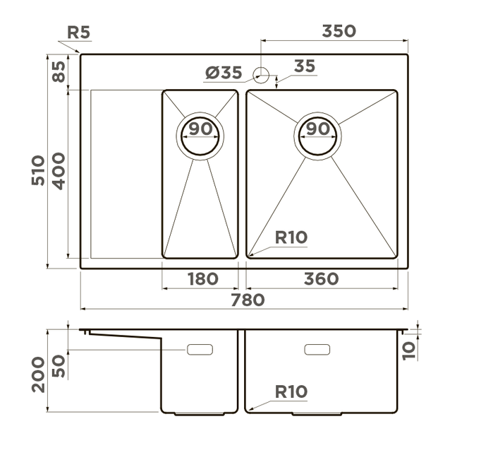 Omoikiri Akisame 78-2-LG-R, мойка, нержавеющая сталь/светлое золото, чаша справа  