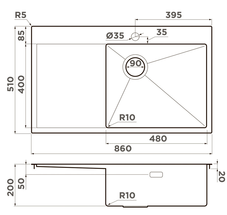 Omoikiri Akisame 86-IN-R Side , мойка, нержавеющая сталь, чаша справа