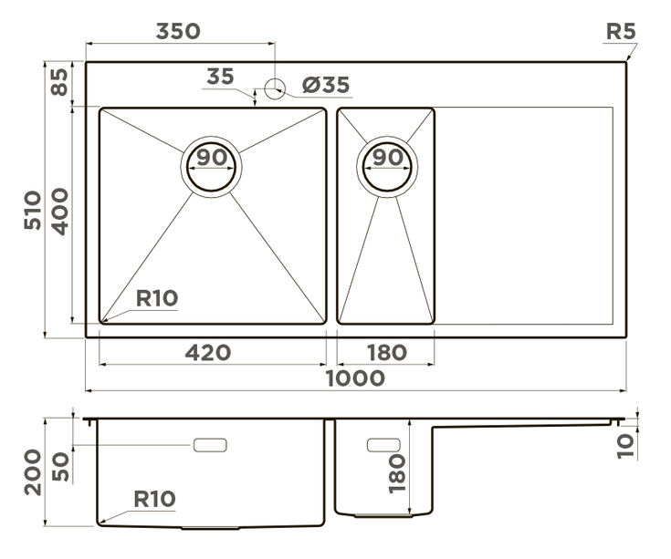 Omoikiri Akisame 100-2-LG-L, мойка, нержавеющая сталь/светлое золото, чаша слева