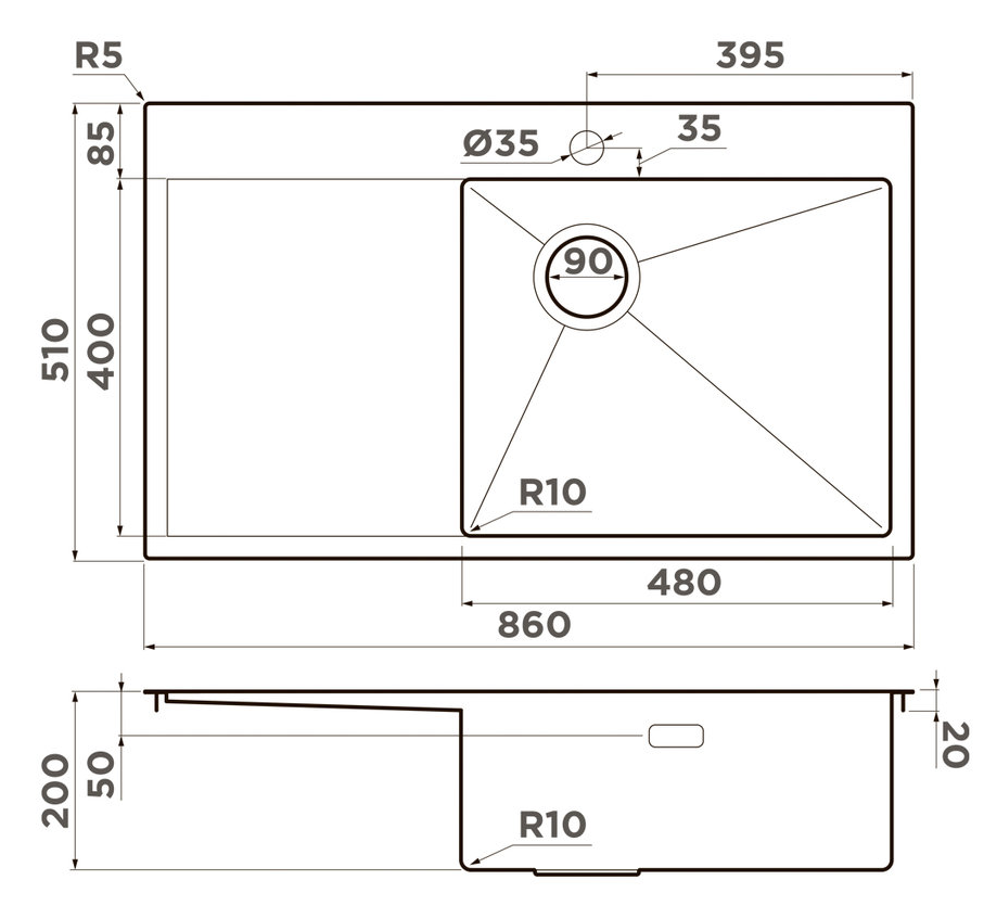 Omoikiri Akisame 86-LG-R Side , мойка, нержавеющая сталь/ светлое золото, чаша справа