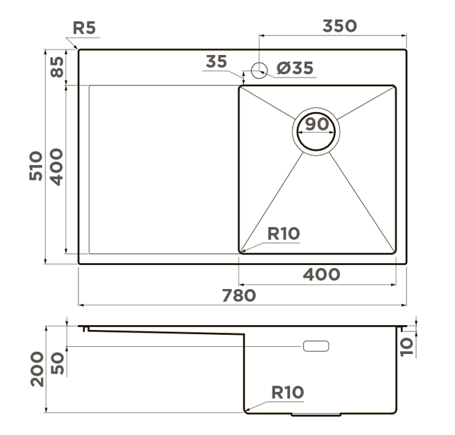 Omoikiri Akisame 78-IN-R, мойка, нержавеющая сталь, чаша справа
