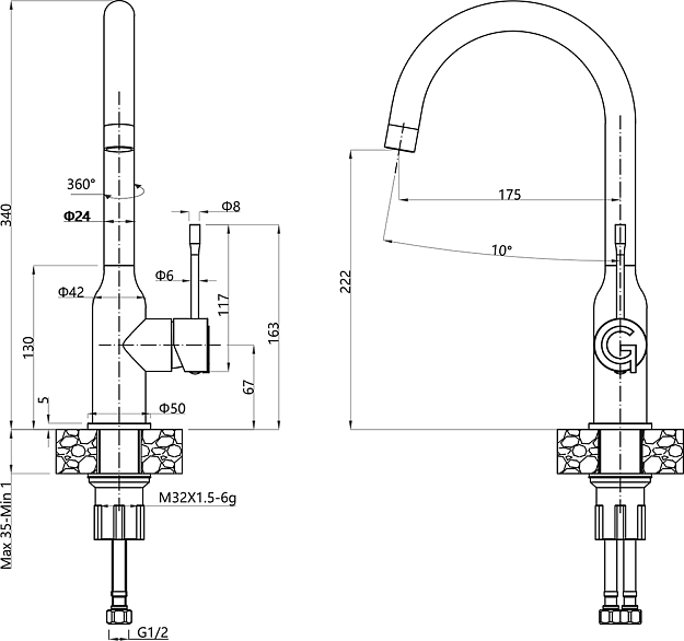 Rivelato GARDA 1923502 antracite/oro, смеситель, гранит, антрацит/золото