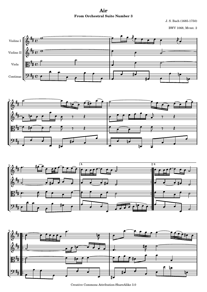 «Ария на струне соль» из Оркестровой сюиты №3, BWV 1068 (партитура)