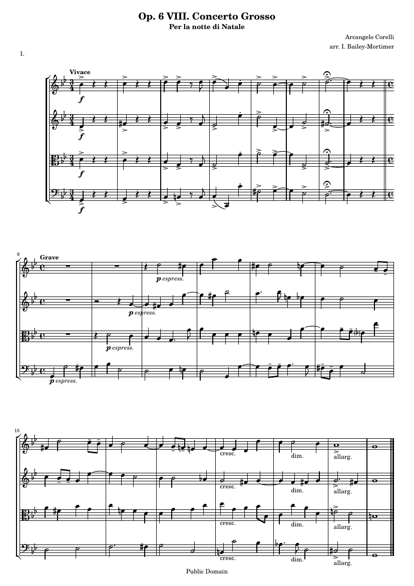 «Рождественский концерт», Concerto grosso Op. 6 №8 (переложение для струнного квартета)
