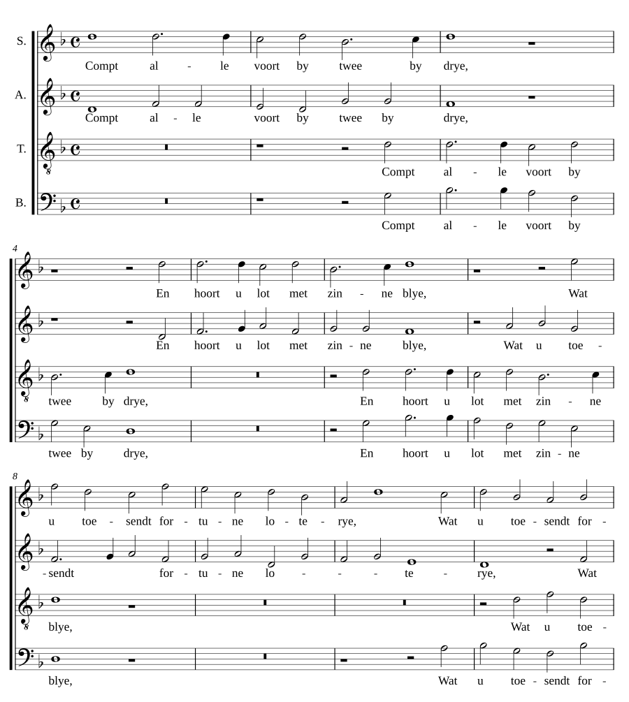 Compt alle voort by twee by drye
