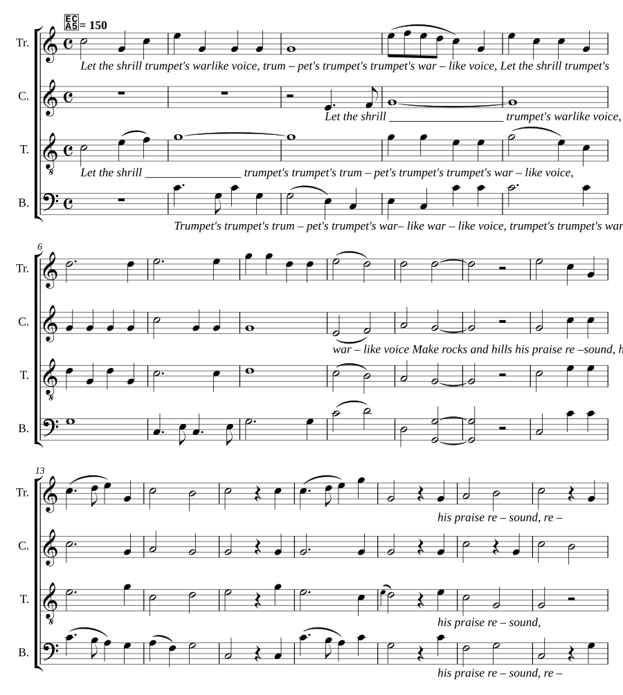 Let the shrill trumpet's warlike sound