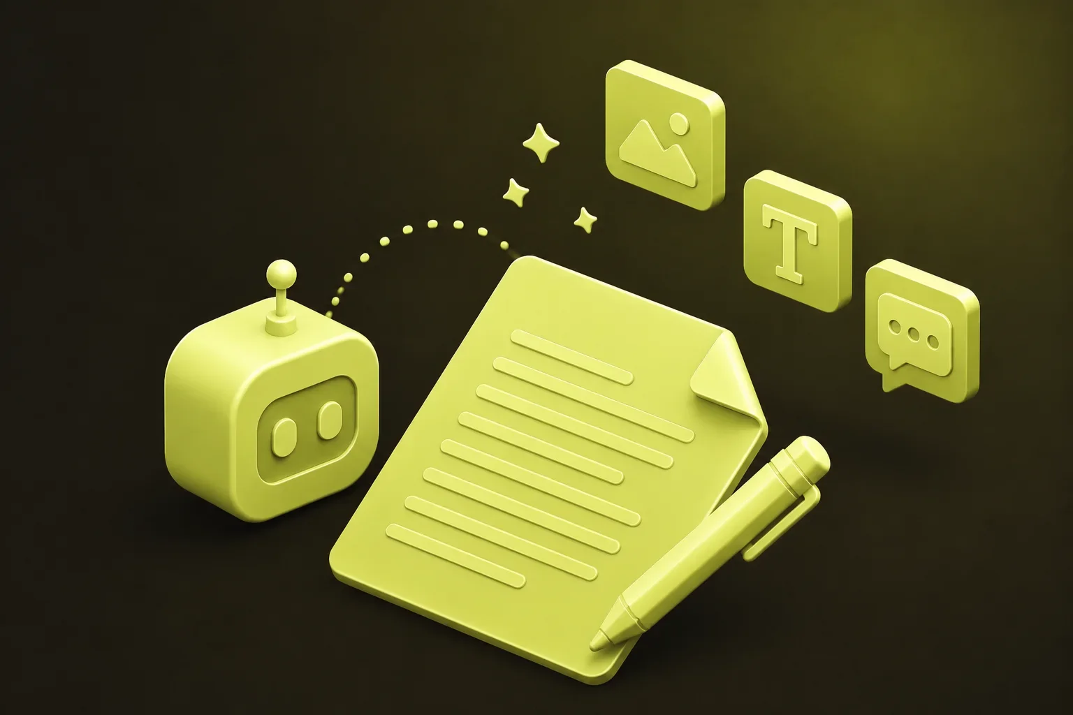 Abstract 3D illustration of an AI assistant, a text document, and editorial tools.