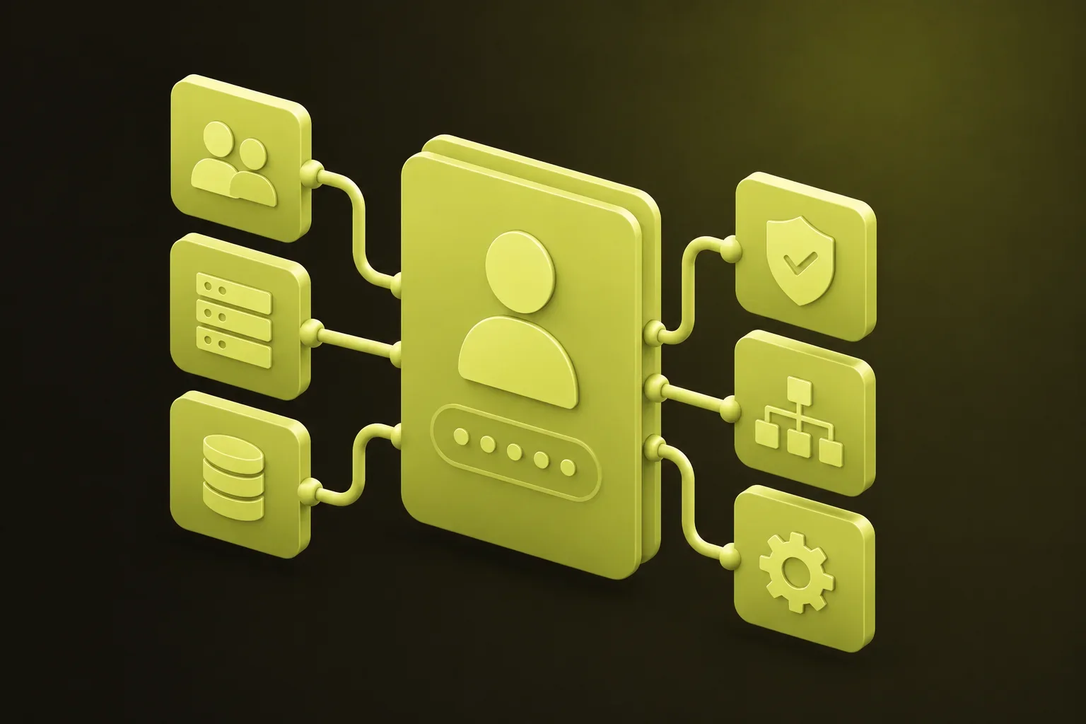 Abstract 3D illustration of a single user profile connected to corporate services.