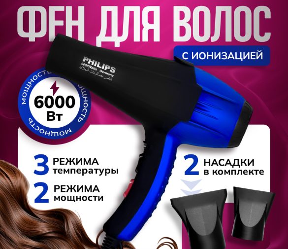 Обзор: Фен для укладки волос локонов профессиональный с насадками с ионизацией мощный с холодным воздухом с регулировкой температуры черно-синий